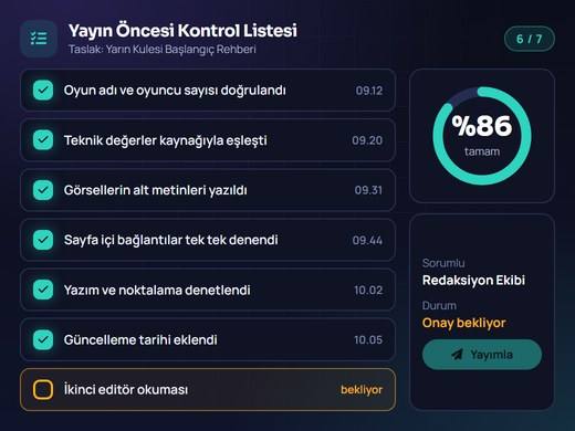 Yayın öncesi kullanılan redaksiyon kontrol listesinin madde madde işaretlendiği ekran görüntüsü