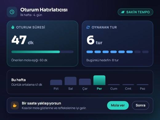 Oturum süresini ve oynanan tur sayısını gösteren sade hatırlatıcı panelin temsili görseli