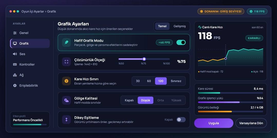 BetRupi oyun içi grafik ayarları menüsünde hafif grafik modu ve çözünürlük ölçeği seçenekleri