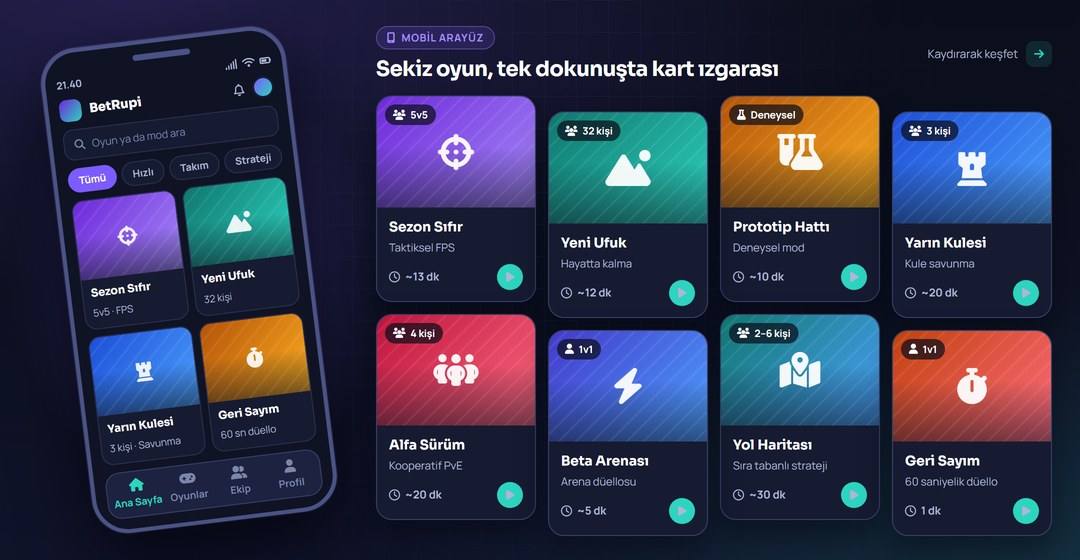 BetRupi mobil arayüzünde oyun kartlarının telefon ekranındaki dizilimi