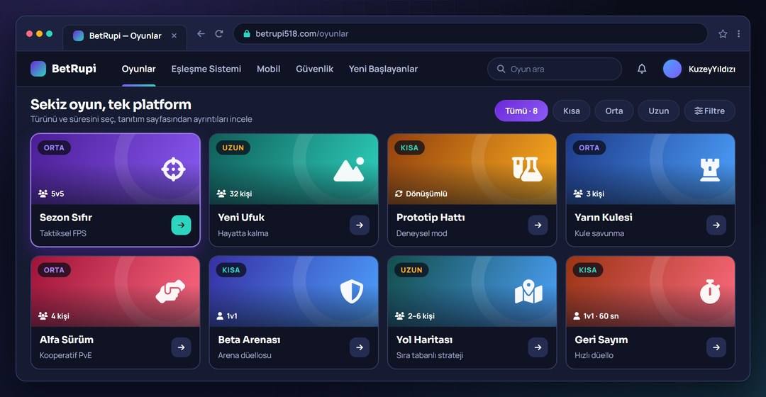 BetRupi platformunun tarayıcıdaki ana ekranı ve sekiz oyun kartının dizilişi