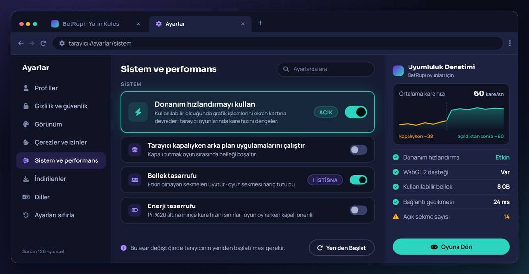 BetRupi oyunlarının çalıştığı tarayıcı penceresi ve donanım hızlandırma ayarının görünümü