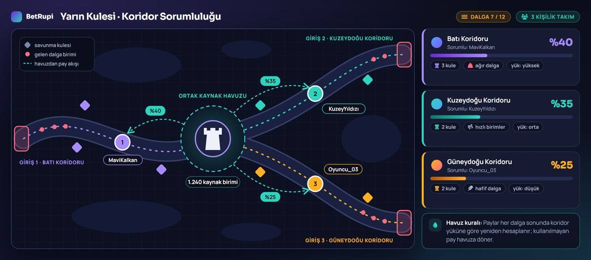 Yarın Kulesi haritasında üç koridorun paylaşımını ve ortak kaynak havuzunun dağılımını gösteren temsili görsel