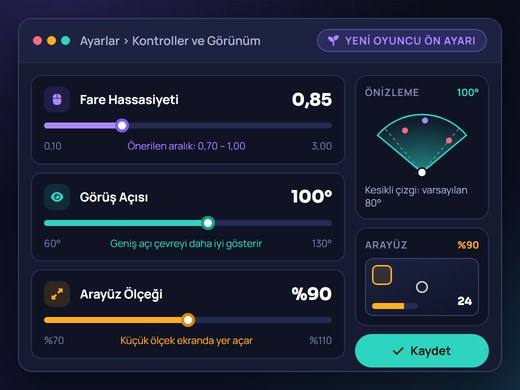 Hassasiyet, görüş açısı ve arayüz ölçeği seçeneklerini gösteren yeni oyuncu ayar ekranı temsili
