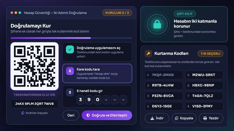 BetRupi hesabında iki adımlı doğrulama kurulum ekranı ve kurtarma kodları listesi