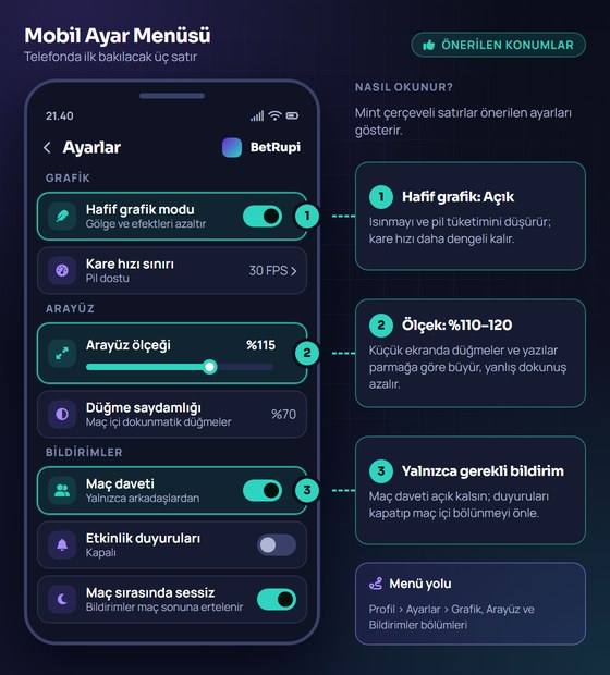 BetRupi mobil ayar menüsünde hafif grafik modu, arayüz ölçeği ve bildirim seçeneklerinin önerilen konumları