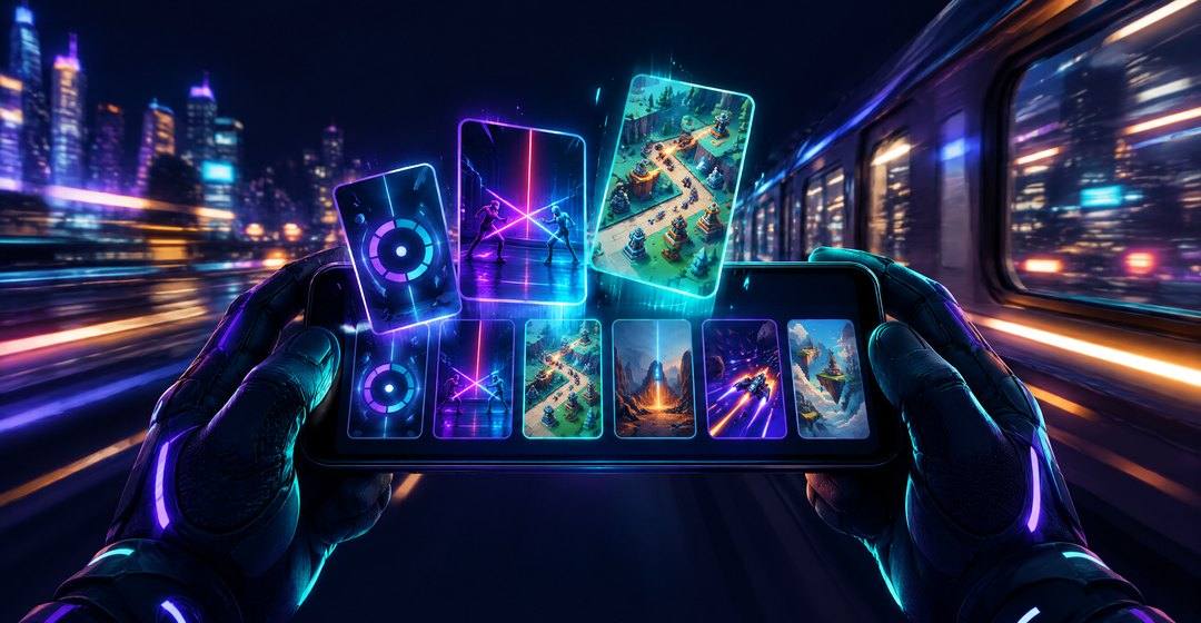 Hareket halindeki bir oyuncunun telefonunda BetRupi oyun kartlarının ve kısa format seçeneklerinin göründüğü ekran