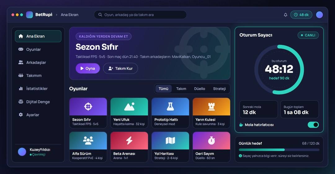 BetRupi ana ekranında oturum süresini gösteren sade sayaç arayüzü