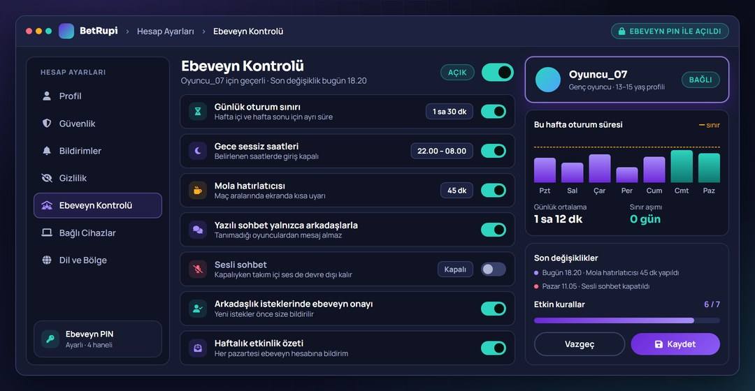 BetRupi hesap ayarları içindeki ebeveyn kontrolü seçeneklerinin temsili görünümü