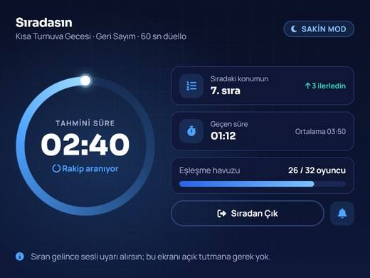 Kısa turnuva gecesinde sıraya girmiş bir oyuncunun tahmini bekleme süresini gösteren ekran