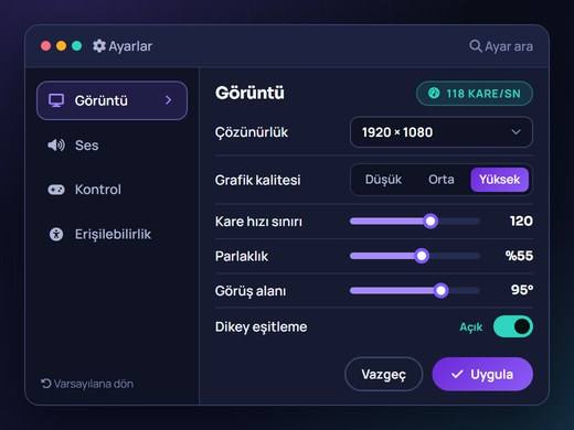 Ayarlar ekranında görüntü, ses, kontrol ve erişilebilirlik sekmelerinin listelenmesi