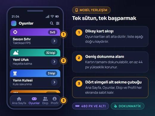 Mobil yerleşimde oyun kartlarının dikey sıralanışı ve alt sekme çubuğunun görünümü
