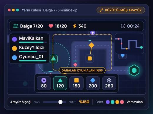 Aynı Yarın Kulesi sahnesinin büyütülmüş arayüz ölçeğiyle daralan oyun alanı görünümü