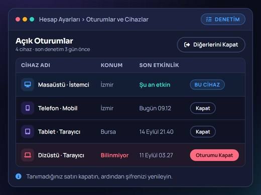 BetRupi hesap ayarlarındaki açık oturumların cihaz ve tarih bilgisiyle listelendiği temsili ekran