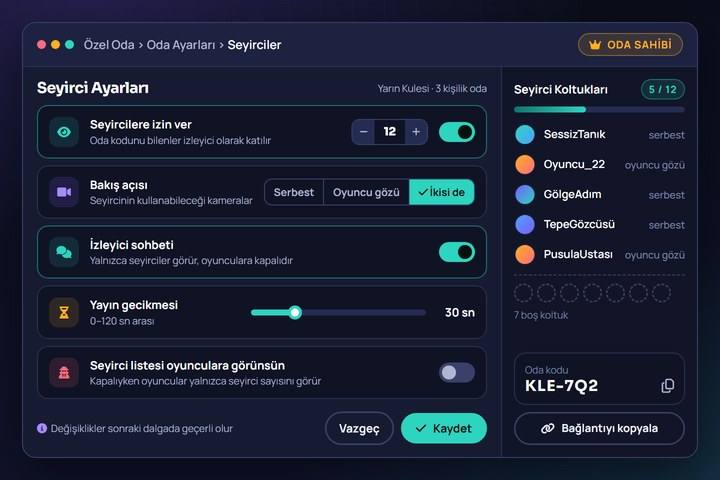 BetRupi özel oda panelinde seyirci izni, bakış açısı ve izleyici sohbeti seçeneklerinin görünümü