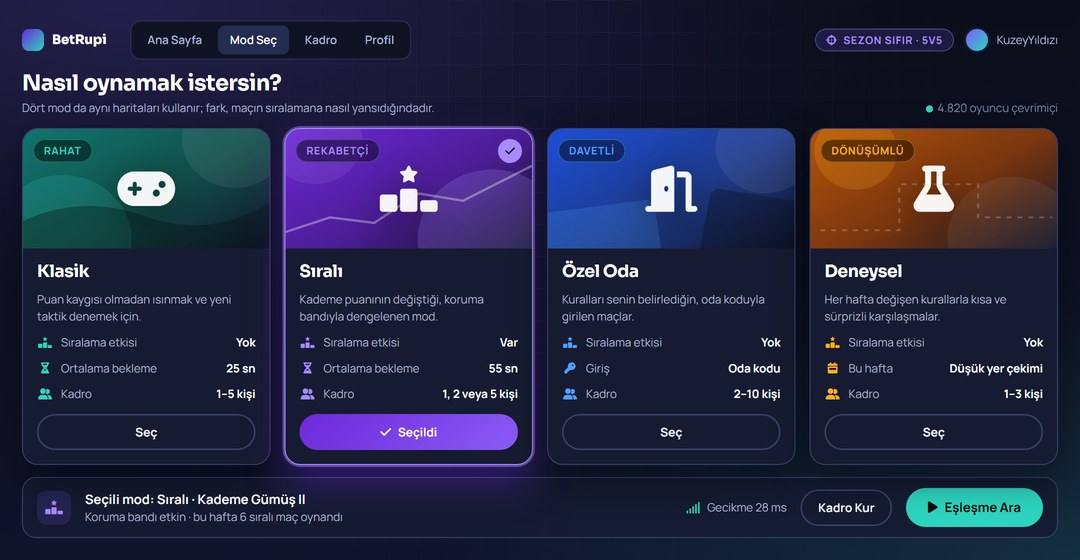 BetRupi mod seçim ekranında klasik, sıralı, özel oda ve deneysel mod kartlarının yan yana görünümü