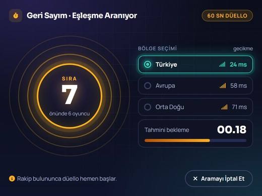Geri Sayım oyununda eşleşme beklenirken görünen sıra ve bölge bilgisi ekranı