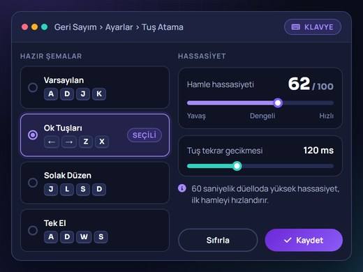 Geri Sayım için tuş atama menüsünde hazır şema seçimi ve hassasiyet ayarı