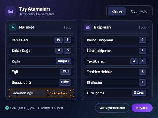 Sezon Sıfır tuş atamaları ekranında hareket ve ekipman kısayollarının düzenlendiği görünüm