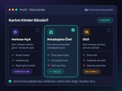 Profil görünürlüğü ayarında üç düzeyin yan yana gösterildiği tercih ekranı