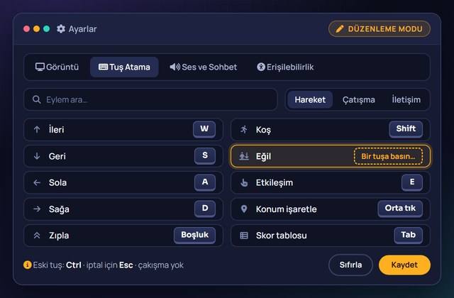Ayarlar ekranının tuş atama sekmesi ve yeniden atanabilir kısayol listesi