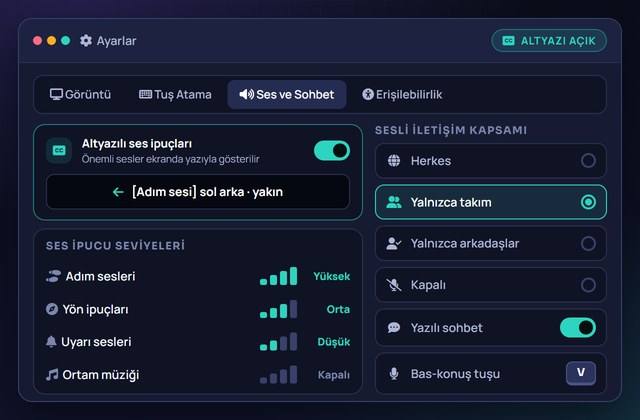 Ayarlar ekranının ses ve sohbet sekmesi: altyazılı ses ipuçları ve sesli iletişim kapsamı