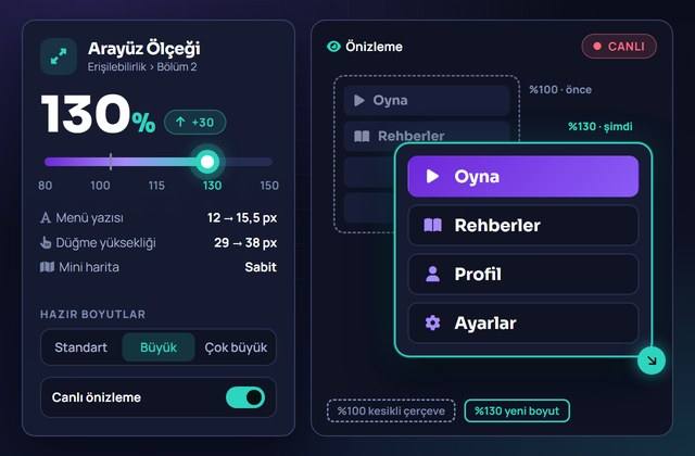 Arayüz ölçeğini büyüten kaydırıcı ve canlı önizleme paneli