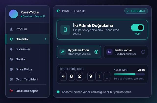Profil menüsündeki güvenlik bölümü ve iki adımlı doğrulama anahtarı