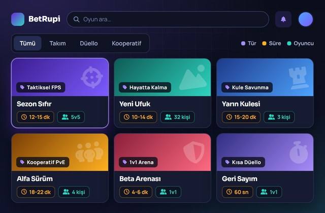 Ana ekrandaki oyun kartlarının tür, süre ve oyuncu sayısı etiketleriyle görünümü
