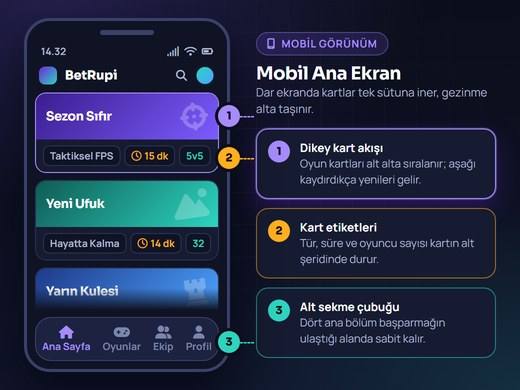 Mobil ana ekranda oyun kartlarının dikey dizilimi ve alt sekme çubuğu