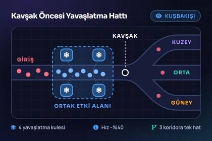 Üç koridorun ayrılmadan önce birleştiği kavşak bölümüne kurulmuş ortak yavaşlatma hattı