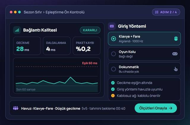Eşleştirme öncesinde bağlantı kalitesi ve giriş yöntemi ölçütlerinin değerlendirildiği temsili arayüz görüntüsü