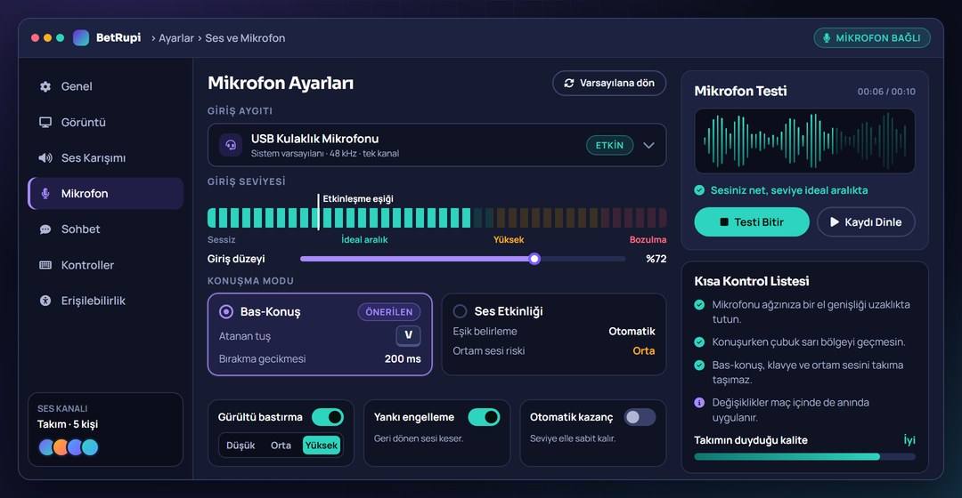 BetRupi mikrofon ayarları ekranında giriş aygıtı, giriş seviyesi çubuğu, bas-konuş ve gürültü bastırma seçenekleri