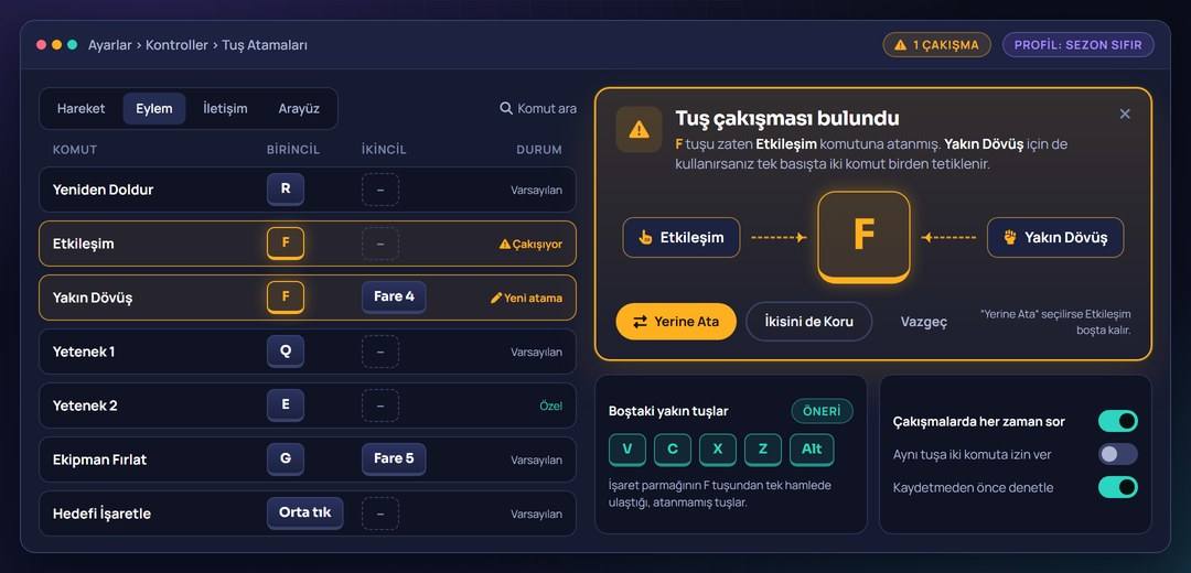 Tuş atama ekranında aynı tuşa iki komut atandığında beliren çakışma uyarısının görünümü