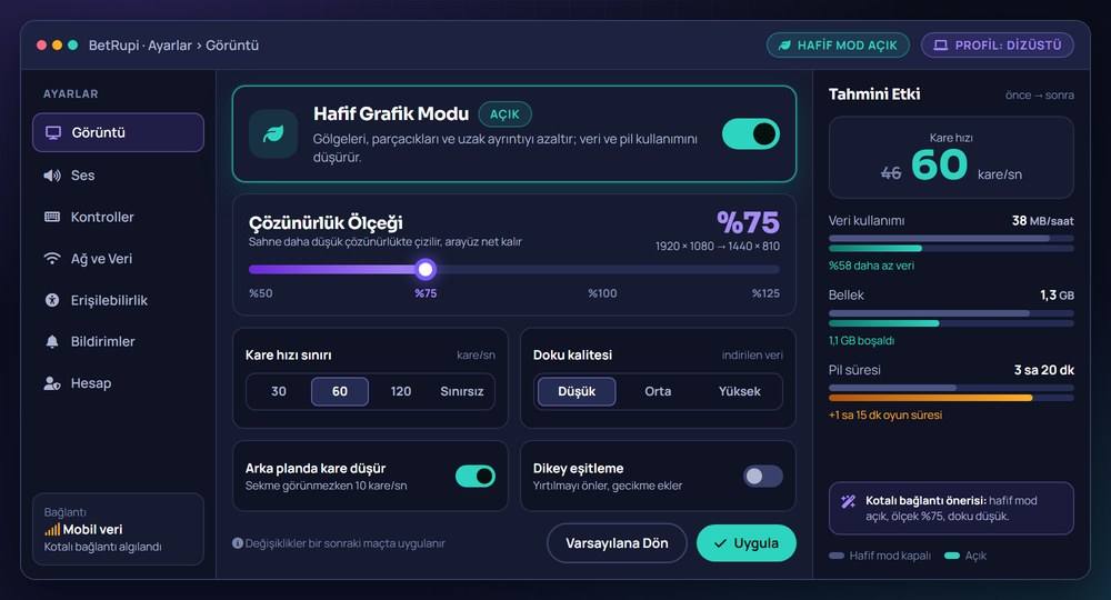 BetRupi görüntü ayarları panelinde hafif grafik modu ve çözünürlük ölçeği seçenekleri